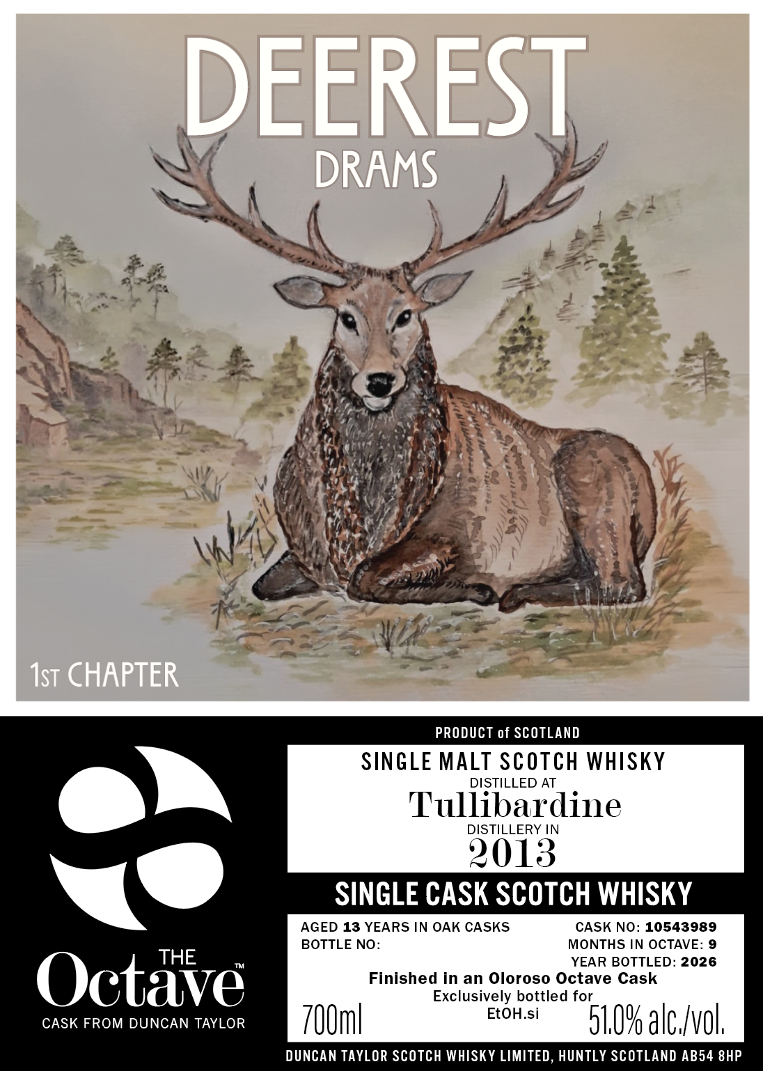 Full Deerest Drams Chapter One label, including the stag artwork and Tullibardine bottling details